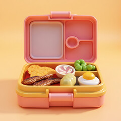 Close-up of a colorful opened lunchbox filled with various healthy food options