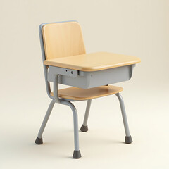 High-angle shot of a vintage school desk with a light wood seat and writing surface