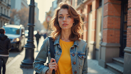 Fototapeta premium Young woman standing on city street in casual outfit during daytime 