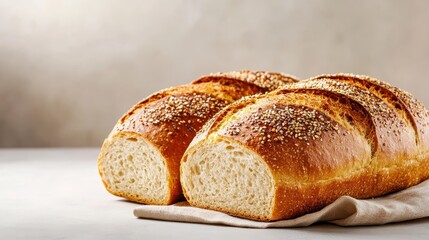 Two freshly baked golden loaves of bread, showcasing a beautifully crusted exterior and inviting texture, symbolizing homemade comfort and the art of baking.