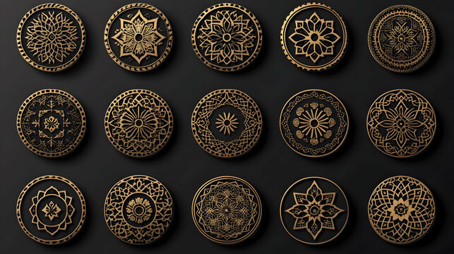Golden medallions with intricate designs showcase artisanal elegance on black
