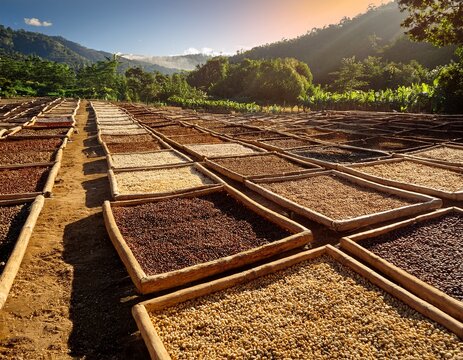 various stages of coffee processing are displayed in wooden trays under the sun the image showcases different types of drying methods including natural honey and washed processes for coffee beans