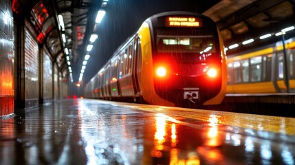 An atmospheric image capturing the glow of a train arriving at a subway station during rain, evoking feelings of anticipation, urban life, and the beauty of movement in motion.