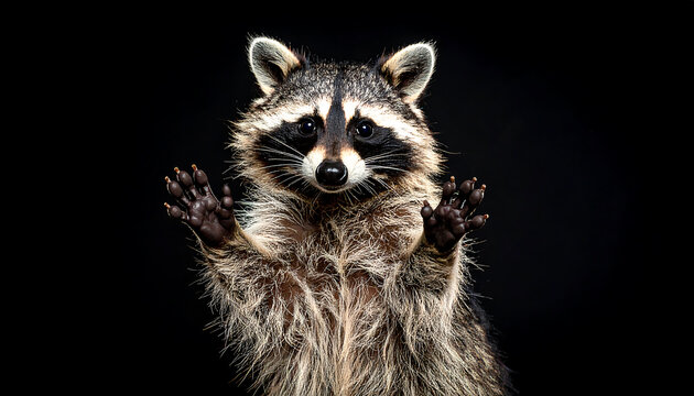 Curious raccoon on black background studio shot