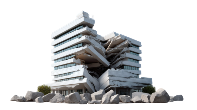 Building Ruins: A detailed view of a partially destroyed building, showcasing the aftermath of a powerful event with the visible cracks, collapsed sections, and scattered debris.