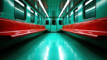 A clean, modern subway train station featuring bright teal walls and red benches, highlighting urban design and the feeling of solitude within public transport environments.