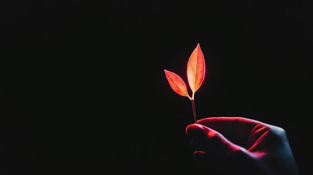 A hand gently holds a glowing red leaf against a dark background, symbolizing nature's beauty