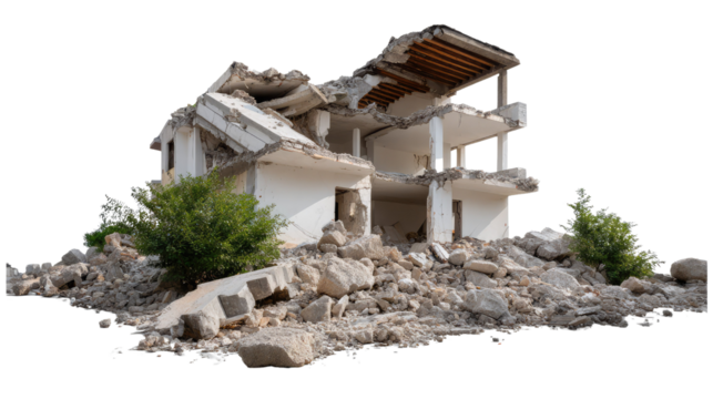 Demolished Building: The remnants of a once-sturdy structure lay in ruins, revealing a scene of destruction. Chunks of concrete and debris are scattered, creating a haunting image of broken dreams.