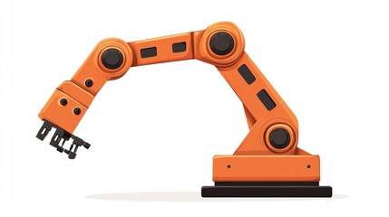A stylized illustration of an orange robotic arm, articulated and positioned against a white background, showcasing its mechanical components and functionality
