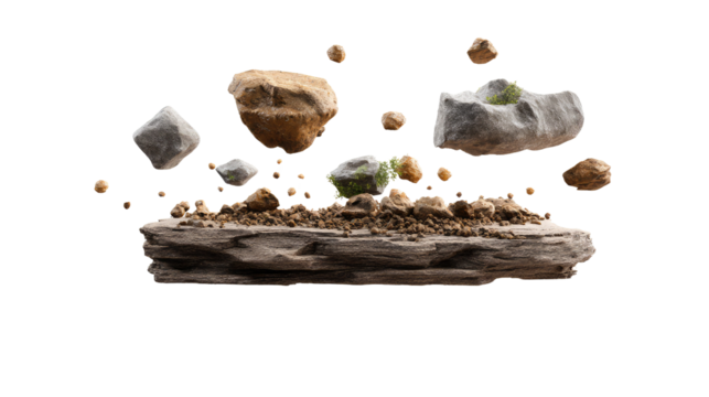 Levitating Rocks: A visually striking collection of levitating rocks, showcasing natural textures and earth elements in an abstract and artistic composition.