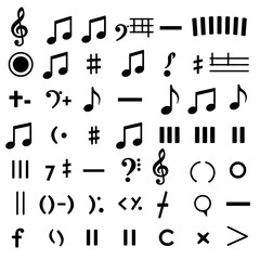 Set of all music notes symbols, flat design vector. Isolated hand-drawn music note icons
