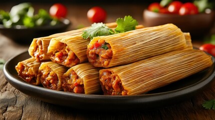 An inviting plate full of traditional tamales garnished with fresh ingredients, showcasing culinary delight and the rich culture of Mexican cuisine.
