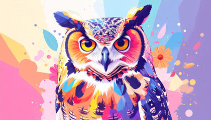 Naklejka premium Colorful owl illustration with bright feathers and a transparent background