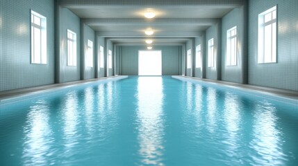 A stunning indoor pool reflecting harmony and tranquility with clean lines, bright lighting, and serenity, perfect for relaxation or luxury ambiance in a modern setting.