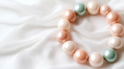 A fashion-forward bracelet featuring glossy beads, elegantly displayed on soft, white fabric, showcasing a blend of texture and style perfect for accessory lovers and trends.
