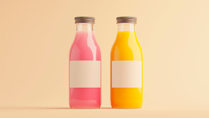Two juice bottles with blank labels in pink and orange stand on a beige background.