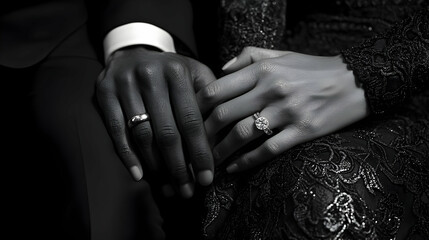 An intimate monochrome portrait of a couple holding hands showcasing their rings