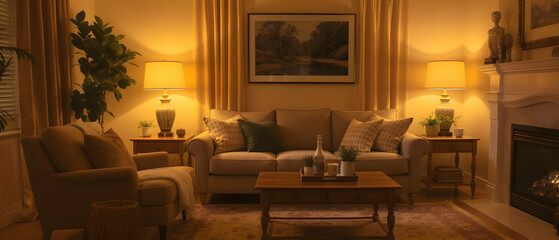 Cozy home interior with sofa, coffee table, and warm lighting Used widely in real estate and lifestyle content.