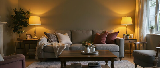 Cozy home interior with sofa, coffee table, and warm lighting Used widely in real estate and lifestyle content.