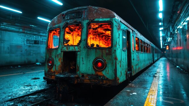 A detailed view of a rusted subway train, showcasing its weathered exterior and the eerie ambiance of an abandoned station illuminated by dim neon lights.