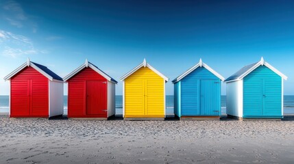 Five colorful beach huts standing prominently against a clear blue sky and sandy beach, evoking summer vibes and a sense of relaxation and fun by the coast.