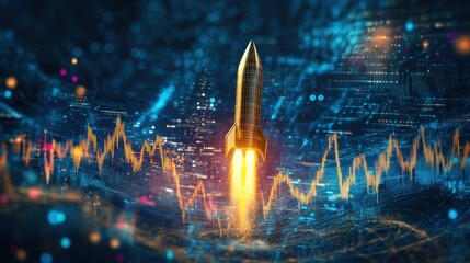 Abstract finance background with golden arrows, digital trend line and bold rocket taking off in the center