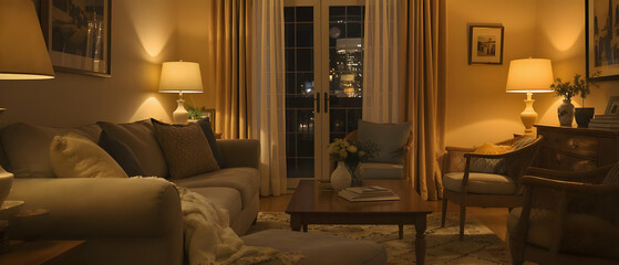 Cozy home interior with sofa, coffee table, and warm lighting Used widely in real estate and lifestyle content.
