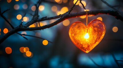 A glowing heart-shaped ornament hanging on a tree branch with soft lights in the background