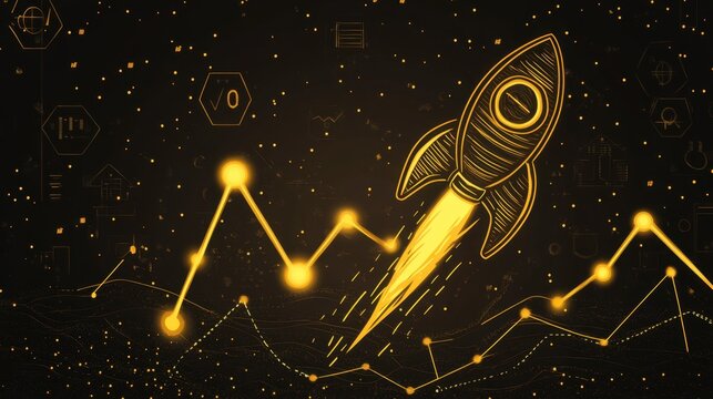 Black background with futuristic financial chart, glowing up arrow, and a launching hand-drawn rocket