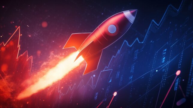 Clean digital interface featuring a rocket launch drawing with stock arrow pointing upward through glowing graph
