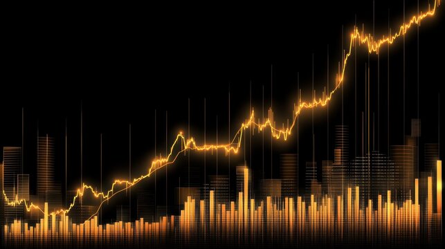 Clean black background featuring luminous gold graph indicating a positive stock investment trajectory