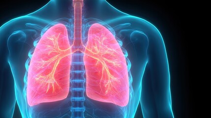 Human respiratory system anatomical illustration showcasing the lungs and trachea in detail