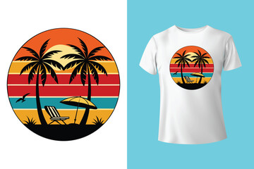 Catch the Waves T-Shirt Design – Surf Life and Sunset Horizon, Coastal Chill T-Shirt Graphic – Palms, Sand, and Ocean View, Summer Heat Beach T-Shirt – Radiant Sky and Palm Silhouette.