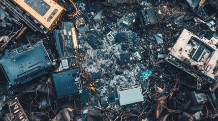 Close-up of shattered computer components among plastic e-waste in urban dump