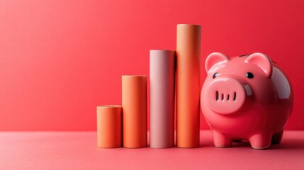 Creative image of piggy bank and money symbols forming bar graphs on smooth background