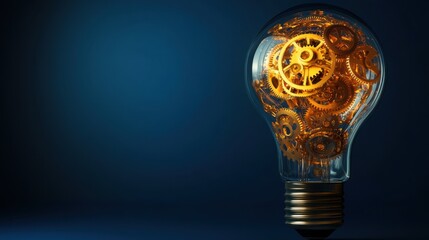 Creative tech light bulb composed of transparent casing filled with gears and electronic wires