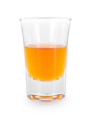 Glasses of whiskey and alcohol with ice isolated on white.