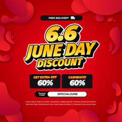 6.6 June Day Sale discount deals with mix red gradient Editable text effect Dynamic Fluid deep Premium Promotion Marketing Square banner