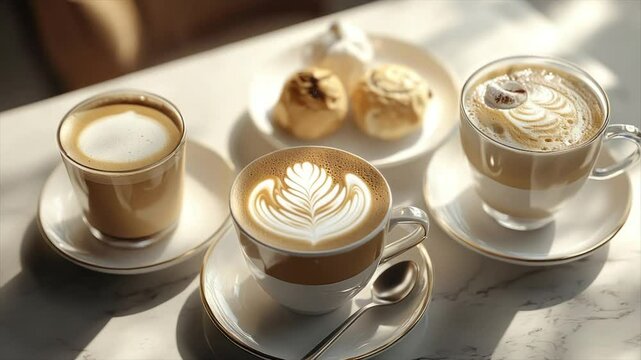 Three cups of coffee, latte art, and pastries on a table