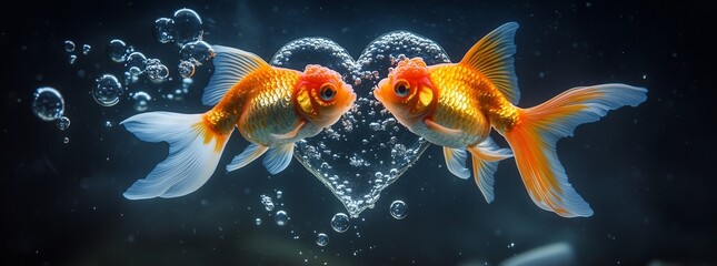 Two goldfish forming a heart shape with bubbles, photo-realistic underwater scene

