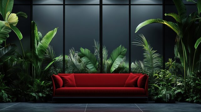 Elegant home interior with red couch, glass windows showing palms, and decorative downlight system