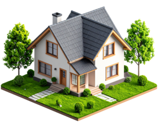  “Isometric 3D Rendered Family House with Garden Space, PNG”.