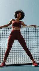 Athletic Black woman in red sportswear posing confidently on tennis court