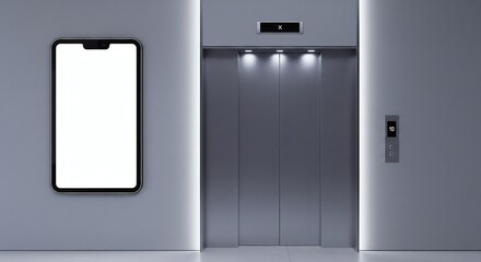  Modern elevator lobby with a large blank poster frame, grey walls, and bright overhead lighting. 