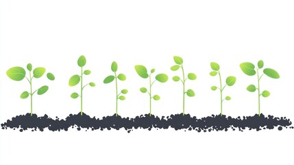 A horizontal illustration shows the growth stages of seven small plants sprouting from dark soil against a white background