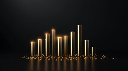 Golden statistical graph with high peaks on matte black background, excellent for financial success visuals