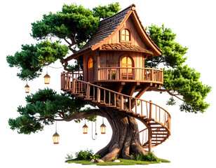 “Fantasy Treehouse Cabin Nestled Among Pine Trees, PNG”.