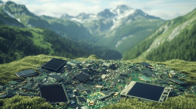 Heap of outdated electronic parts and computer chips polluting natural landscape