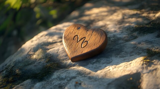A heart shaped piece of wood carved with initials placed on a stone surface with sunlight shining through