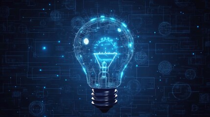 Idea generator light bulb constructed from gears and digital circuit blueprint